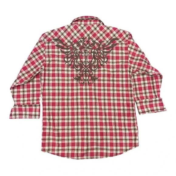 Lamasini 3/4 Sleeve Western Embroidered Embellished Plaid Button Up Shirt - Picture 6 of 9